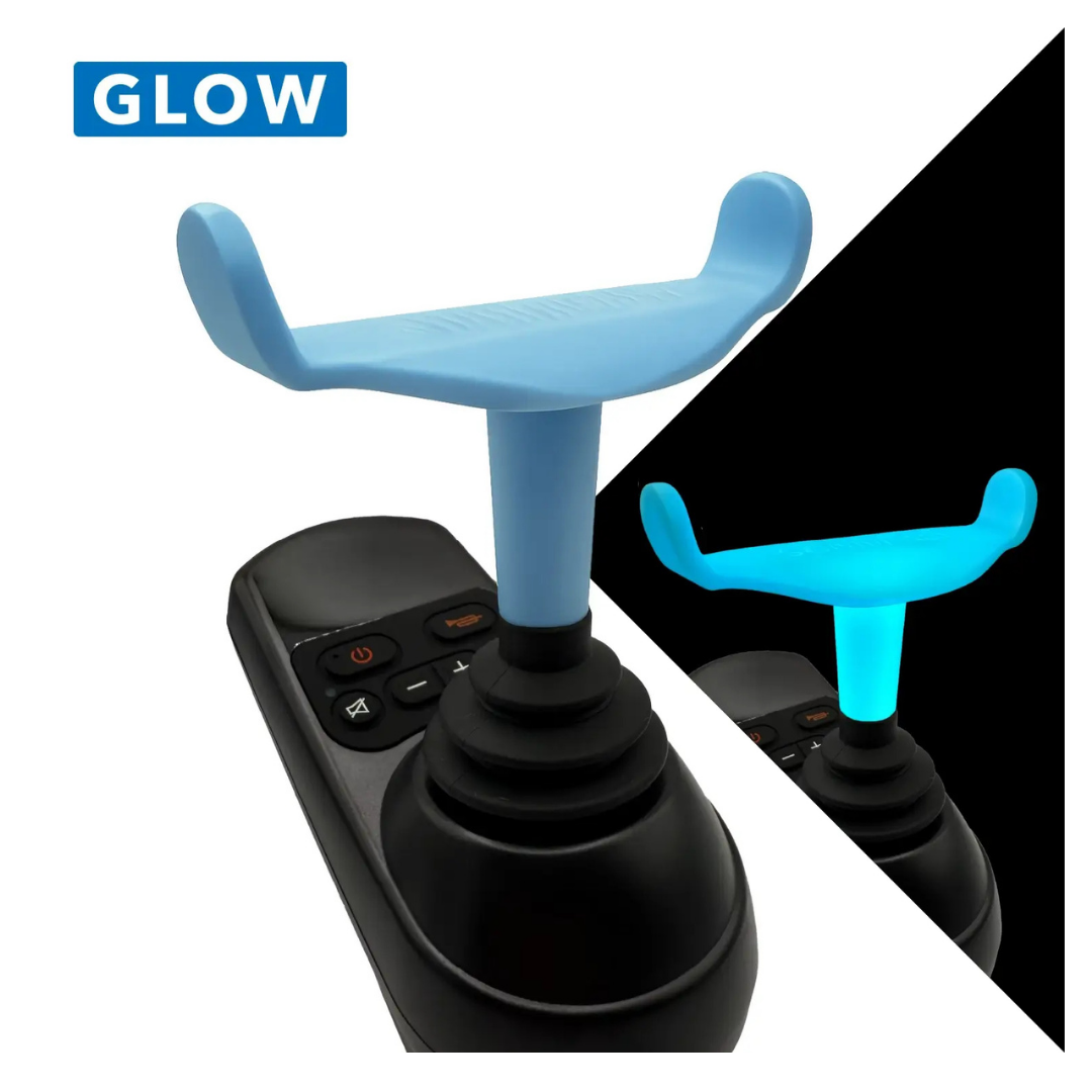 A glowing blue ComfyGo Ergonomic U-Shaped Joystick Handle with Flex Shaft for Powerchairs is attached to a black joystick with control buttons. A blue box with the word GLOW appears at the top left of the image.